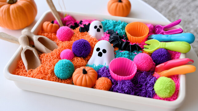 Colorful halloween sensory bin with toy ghosts, pumpkins, bats, scoops, bright textured filler and playful tools for childrens learning and tactile play