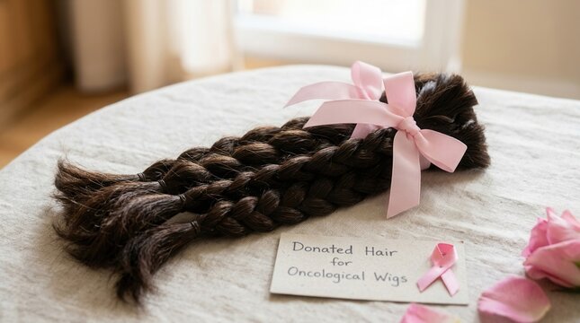 Donated Braided Human Hair For Oncological Wigs With Pink Ribbon