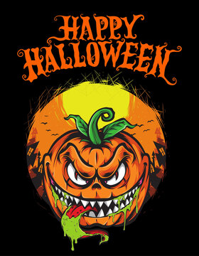 Orange Scary Pumpkin Happy Halloween T-Shirt Design - 1