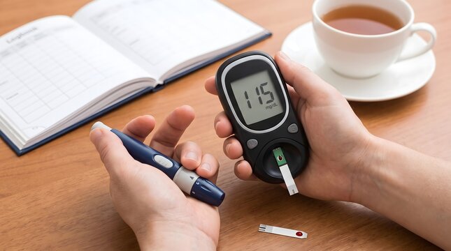 Diabetic patient checking blood glucose level with digital meter and lancet pen at home near diary and cup of tea