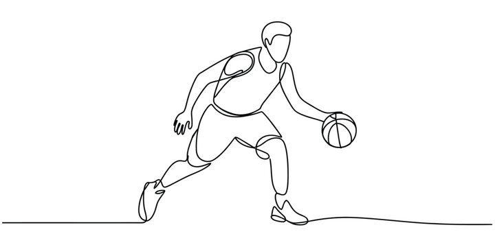 Continuous one line drawing of a basketball player dribbling the ball Vector, illustration