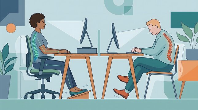 Comparison of ergonomic and poor sitting postures at a desk showing healthy back alignment versus slouching in an office