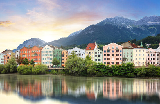 View of colourful buildings in the austrian town Innsbruck at sunset. Austria - Tyrol