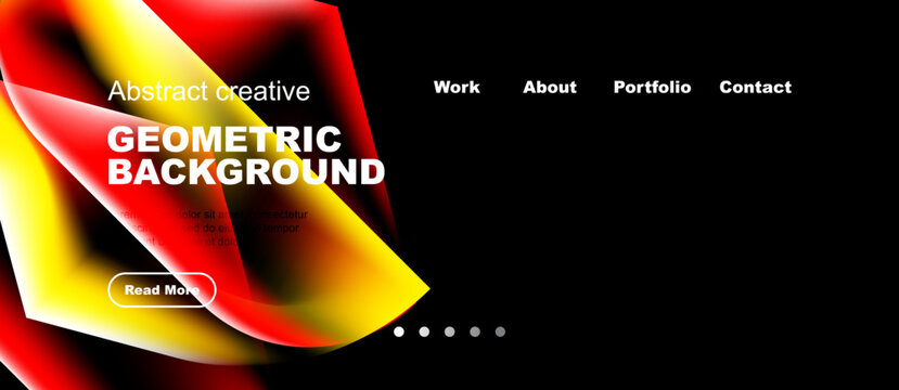 Abstract geometric background design. Website header features vibrant colors, text, navigation options, plus pagination dots. Simple, modern aesthetic.
