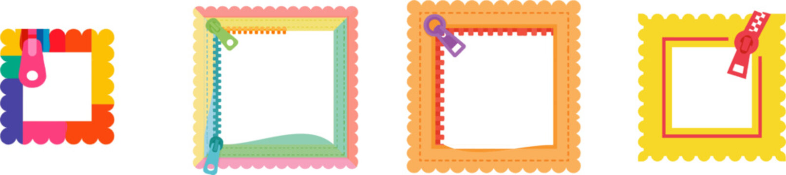 A premium colorful flat vector icon features a cute square frame with scallop edges, showcasing vibrant colors and a zipper unzipping the top corner against a pure white background