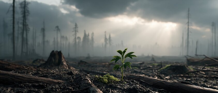A cinematic wide shot depicting hopeful ecological recovery. A small green plant grows from burnt ground, contrasting with a destroyed dead forest and dramatic storm clouds.