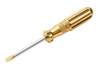 Fototapeta premium Golden screwdriver with metallic shaft rests on transparent background tool