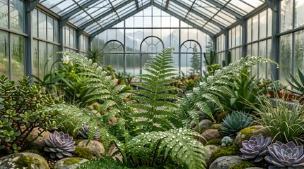 Fototapeta premium Fern Leaves Dew Droplets Greenhouse
