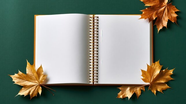 Open spiral notebook with blank pages surrounded by golden autumn leaves on green background