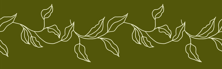 Obraz premium graceful leaves on twigs in a light olive color scheme on a green background. Watercolor illustration. The spring seamless border is hand-drawn. For postcards, calendars, invitations, and covers.
