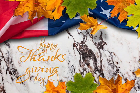 Happy Thanksgiving. USA American flag. Fall decor with autumn leaves. Banner design, panoramic image, text.