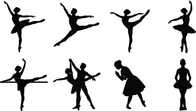 Ballet Dancers Silhouette Vector Collection Featuring Classical Dance Poses and Duo Performing Figures