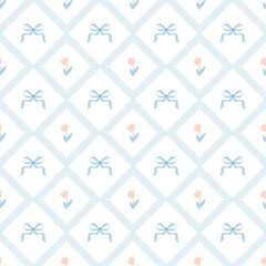 Obraz premium Blue grandmillennial trellis seamless pattern. Cottagecore garden print design with bows and flowers. Botanical coquette repeat background, vector preppy wallpaper with retro lace texture, rhombus