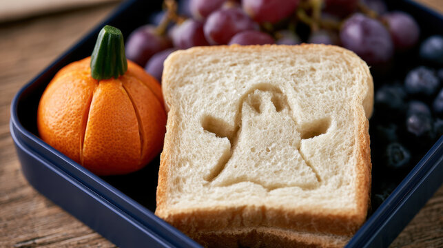 Halloween lunchbox with ghost shaped bread, pumpkin style mandarin, grapes and blueberries for a fun seasonal kids snack