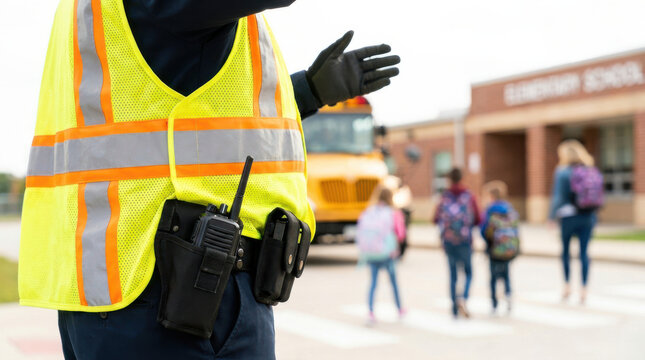 School crossing guard in reflective vest directing children crossing street near yellow bus and school building
