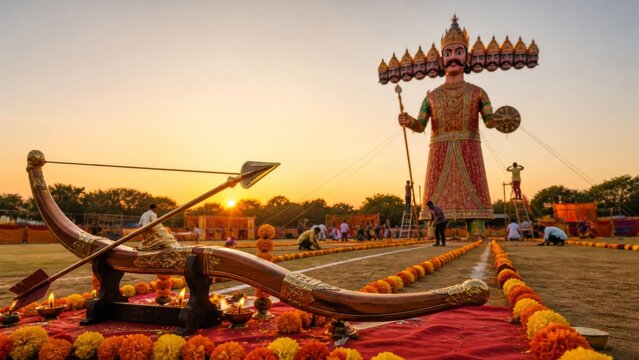 Ravana effigy and ceremonial bow for Dussehra celebration