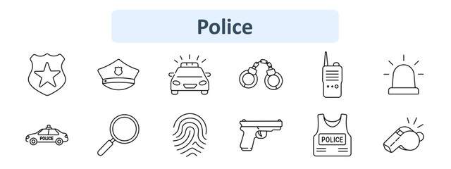 Police set icon. Badge shield, officer cap, patrol car, handcuffs pair, radio device, siren light, police car, magnifier glass, fingerprint scan, pistol gun, vest uniform, whistle tool. © Anastasia