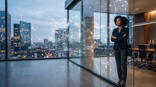 Professional businesswoman standing in modern office with digital network overlay graphics.