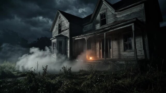 Haunted Abandoned House at Night with Fog and Eerie Lantern Light