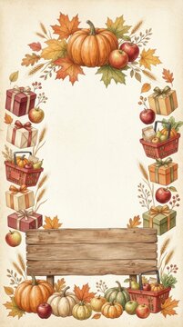 Autumn harvest frame with pumpkins apples gifts and rustic sign for copyspace