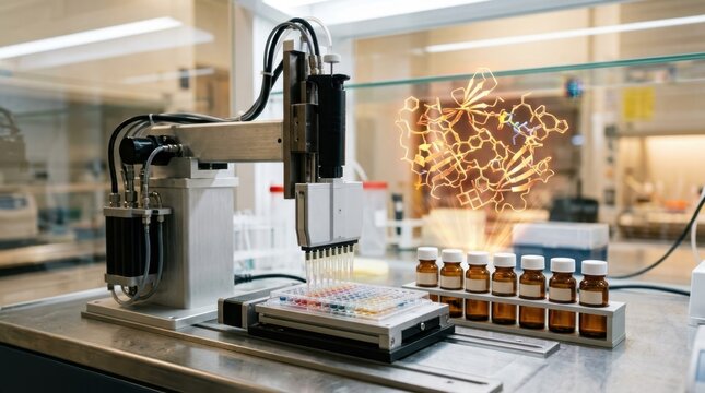 Automated drug discovery workstation with robotic pipette amber reagent vials microplate and molecular lattice