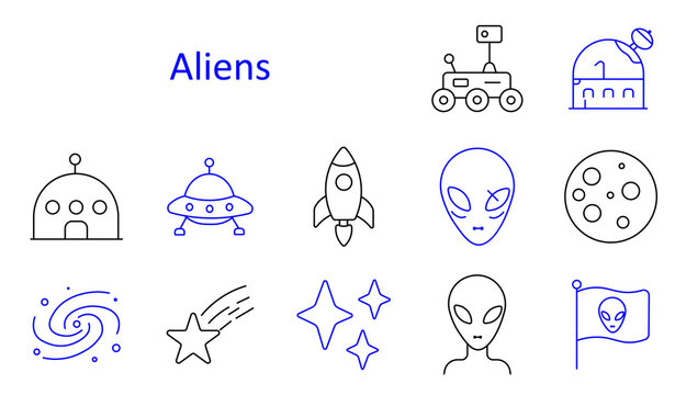 Aliens set icon. Dome dwelling, flying saucer, rocket ship, alien head, cratered moon, spiral galaxy, shooting star, sparkle cluster, standing figure, flag emblem, rover vehicle, observatory dome.