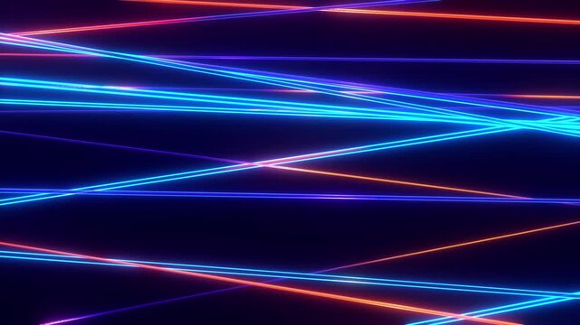 Neon diagonal light beams crossing dark navy background with cyan and magenta cores, orange accents, layered glow, soft haze, and bright intersecting streaks creating energetic abstract depth