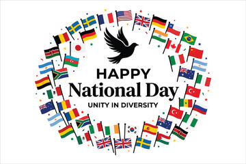 Obraz premium International Happy National Day vector, world flags circle with peace dove, unity in diversity global celebration concept