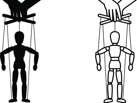 Silhouettes of two marionettes suspended by strings against a white background