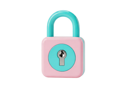 Pastel pink padlock with turquoise shackle rests on transparent background