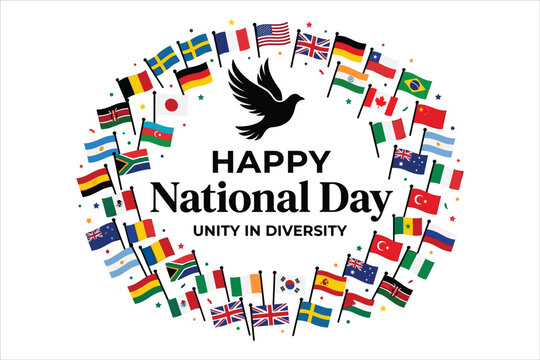 International Happy National Day vector, world flags circle with peace dove, unity in diversity global celebration concept