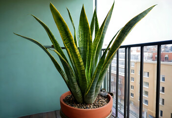 Obraz premium Biophilic design and urban gardening, snake plant in a terracotta pot on a balcony with city view for sustainable home interior and wellness decor