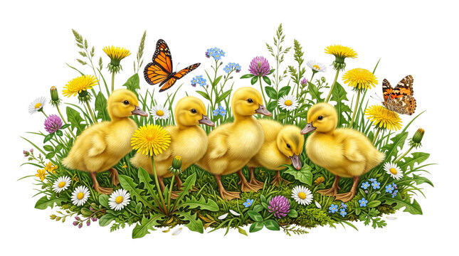 Vintage watercolor ducklings in spring meadow, cute yellow baby ducks with wildflowers and butterflies, pastoral nature scene isolated PNG with Transparent Background