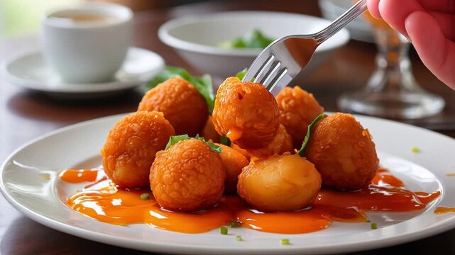 Filipino street snack Kwek Kwek, quail egg in batter with crispy crust and spicy sauce AI Generative