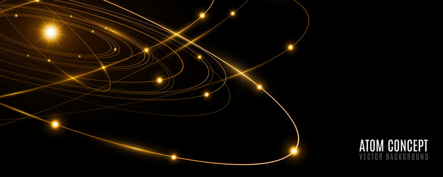 Futuristic glowing golden atom featuring orange elliptical rings circling a radiant central core on black background. Atomic structure concept for scientific research presentation. Vector illustration