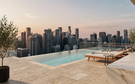 Luxury Rooftop Infinity Pool with City Skyline View at Sunset