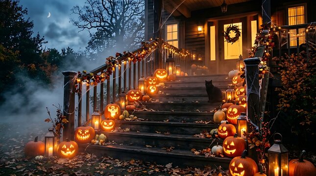 Spooky halloween house entrance with glowing pumpkins and a black cat