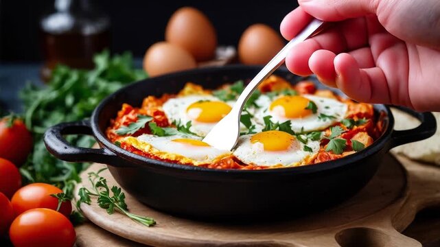 Shakshuka with scrambled fried eggs, hearty tasty traditional culinary brunch cuisine AI Generative