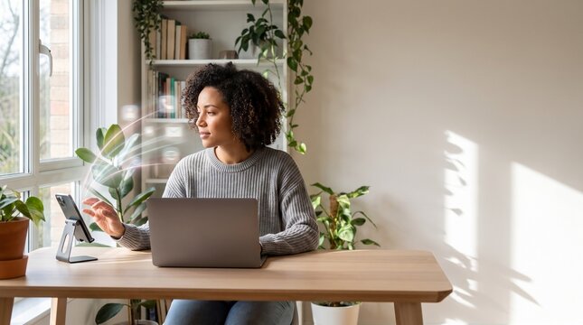 Young woman working on laptop and smartphone in a bright home office workspace.