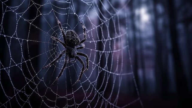 A close-up shot of a spider on its intricate web, covered in tiny dew drops, set against a dark, mystical forest backdrop, evoking a mysterious and slightly eerie atmosphere.