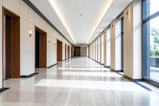 Modern long office building hallway with tile flooring and large glass corridor building architecture interior
