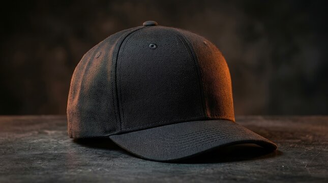 Minimalist black baseball cap on textured dark surface