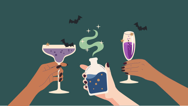 Halloween witch party banner with hands holding purple cocktail glasses and magic potion bottle with bats and stars, vector illustration.