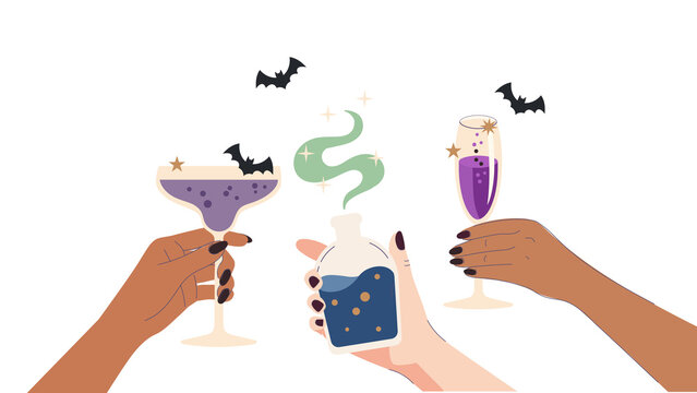 Halloween witch party banner with hands holding purple cocktail glasses and magic potion bottle with bats and stars,  illustration