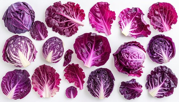 Red cabbage leaves arranged isolated on transparent background
