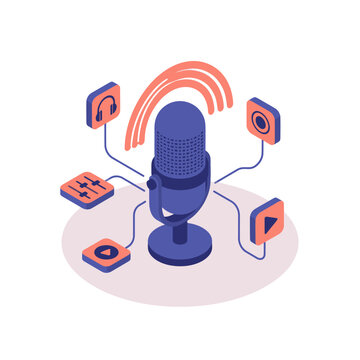 Industrial Isometric of a Microphone Connected to Various Audio Icons with Wireless Signal with high quality professional line art symbols for modern creative design and digital branding projects