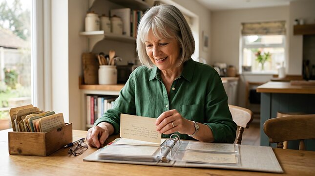 Smiling Senior Woman Reading Handwritten Recipe Cards in Cozy Home Kitchen for Nostalgic Cooking Memories and Family Heritage Preservation