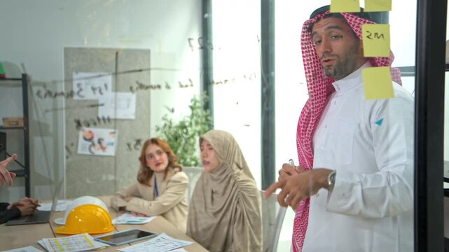 Middle Eastern businessman writing project plans on a glass board during a business meeting in a modern office, with colleagues working in the background