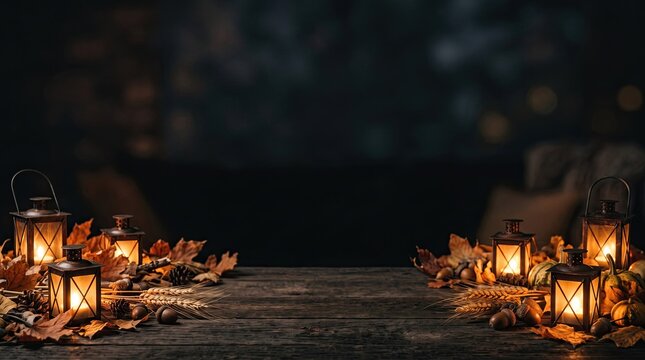 Decorative lanterns with autumn leaves on a wooden table perfect for a cozy thanks giving day celebration background