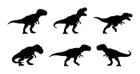 Obraz premium Tyrannosaurus Rex Dinosaur Silhouettes, Prehistoric Reptile Icons, Jurassic Era Creature Vector Set, T-Rex Animal Graphics